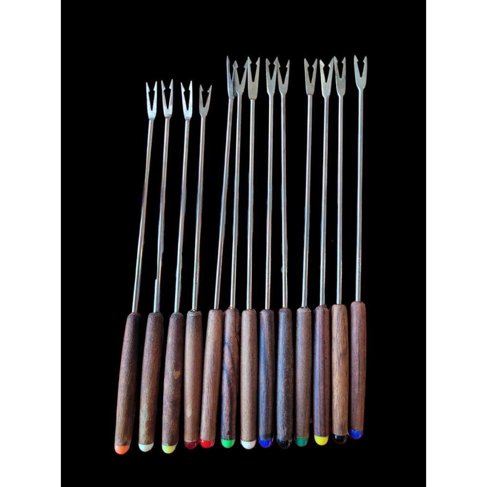 13 Vintage Fondue Forks Brown Handle With Colorful End Stainless Japan